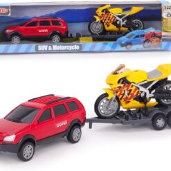Toyland® 27cm (11”) SUV Car, Motorbike & Trailer Play Set - 1:32 Scale Toy Vehicle - Free Wheel Motion Movement - 3+ Years (Red & Yellow)