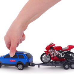 Alternative view of Toyland® 27cm (11”) SUV Car, Motorbike & Trailer Play Set - 1:32 Scale Toy Vehicle - Free Wheel Motion Movement - 3+ Years (Blue & Red)