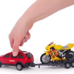 Alternative view of Toyland® 27cm (11”) SUV Car, Motorbike & Trailer Play Set - 1:32 Scale Toy Vehicle - Free Wheel Motion Movement - 3+ Years (Red & Yellow)