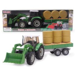Toyland® 36cm (14“) Green Tractor With Front Loader and Detachable Trailer With Hay Bales Farm Playset - 1:32 Scale - Free-Wheel Action Collectible Vehicle Toy for Kids - Ages 3+