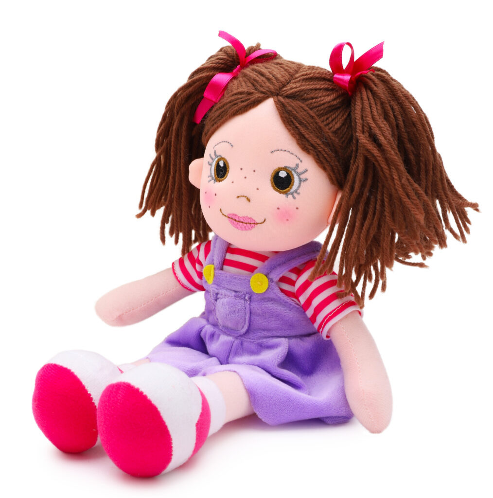 35cm Plush Ragdoll In Purple Pinafore Dress - Kids Soft Toy Dolls - Age 