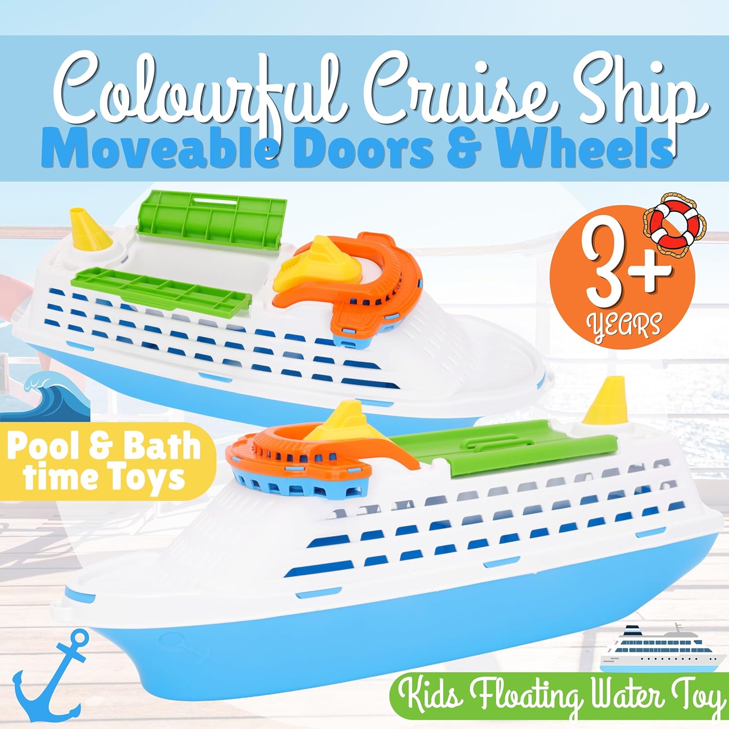 Toyland® 41cm (16") Colourful Cruise Ship With Moveable Doors and Wheels - Kids Floating Water Toy - Pool & Bathtime Toys - Ages 3+ - Image 8