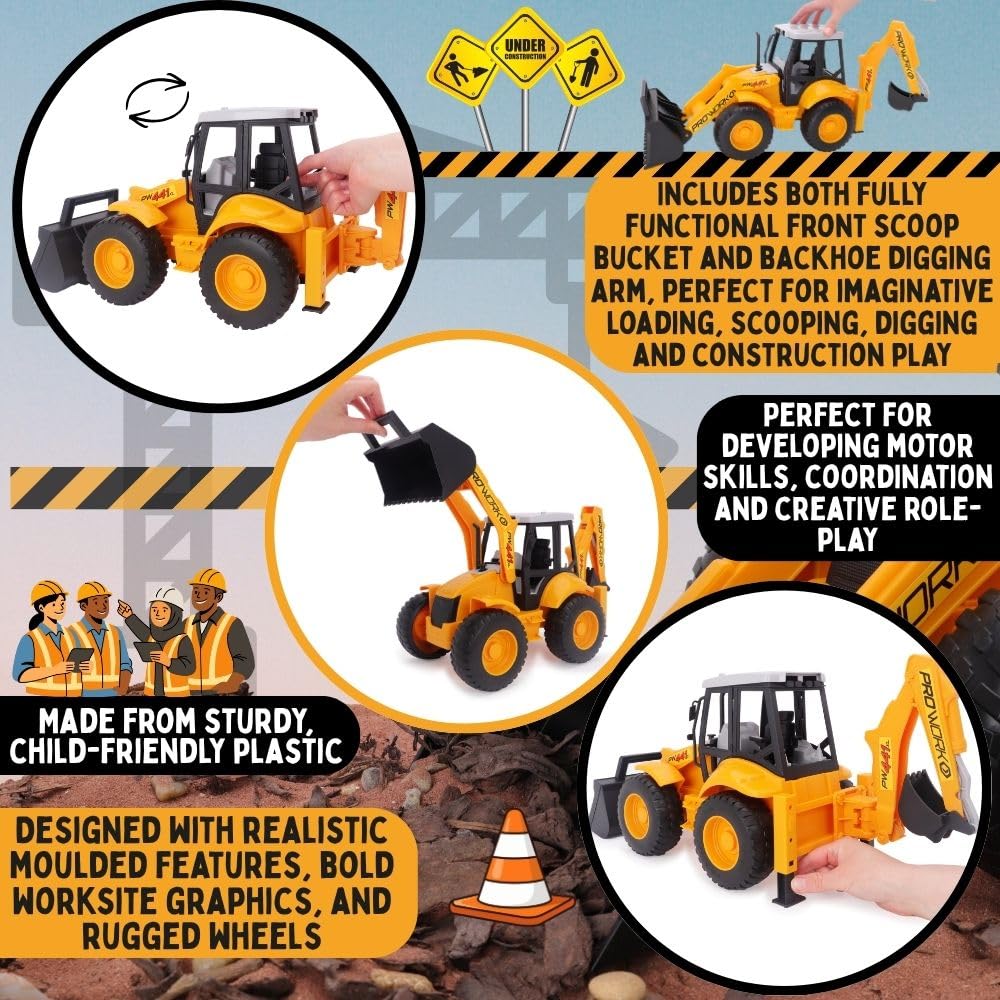 Toyland® 72cm (28") Large Backhoe Loader Toy - Construction Digger Truck with Moveable Front Loader & Rear Excavator Arm - Plastic Building Vehicle Toy for Kids 3+ Years - Image 7