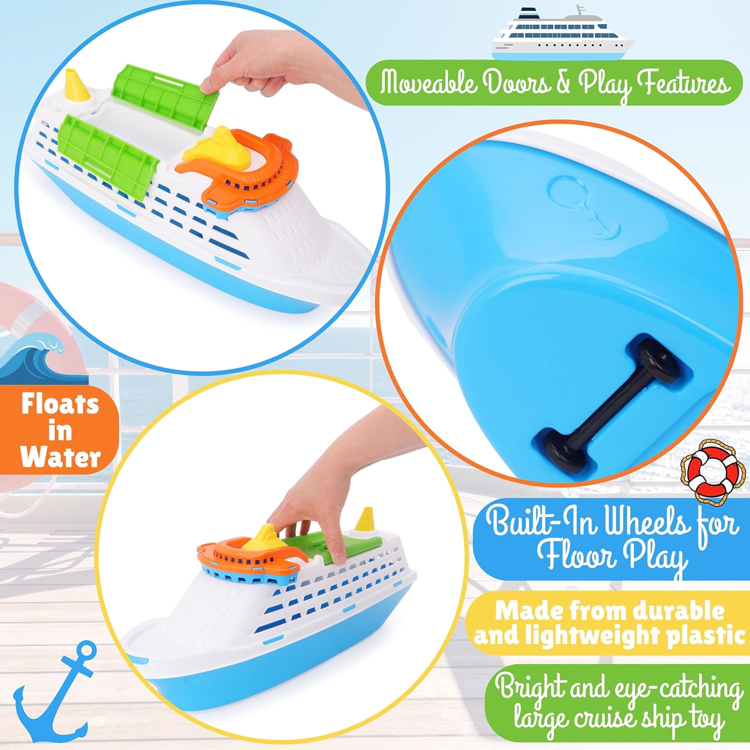 Toyland® 41cm (16") Colourful Cruise Ship With Moveable Doors and Wheels - Kids Floating Water Toy - Pool & Bathtime Toys - Ages 3+ - Image 7