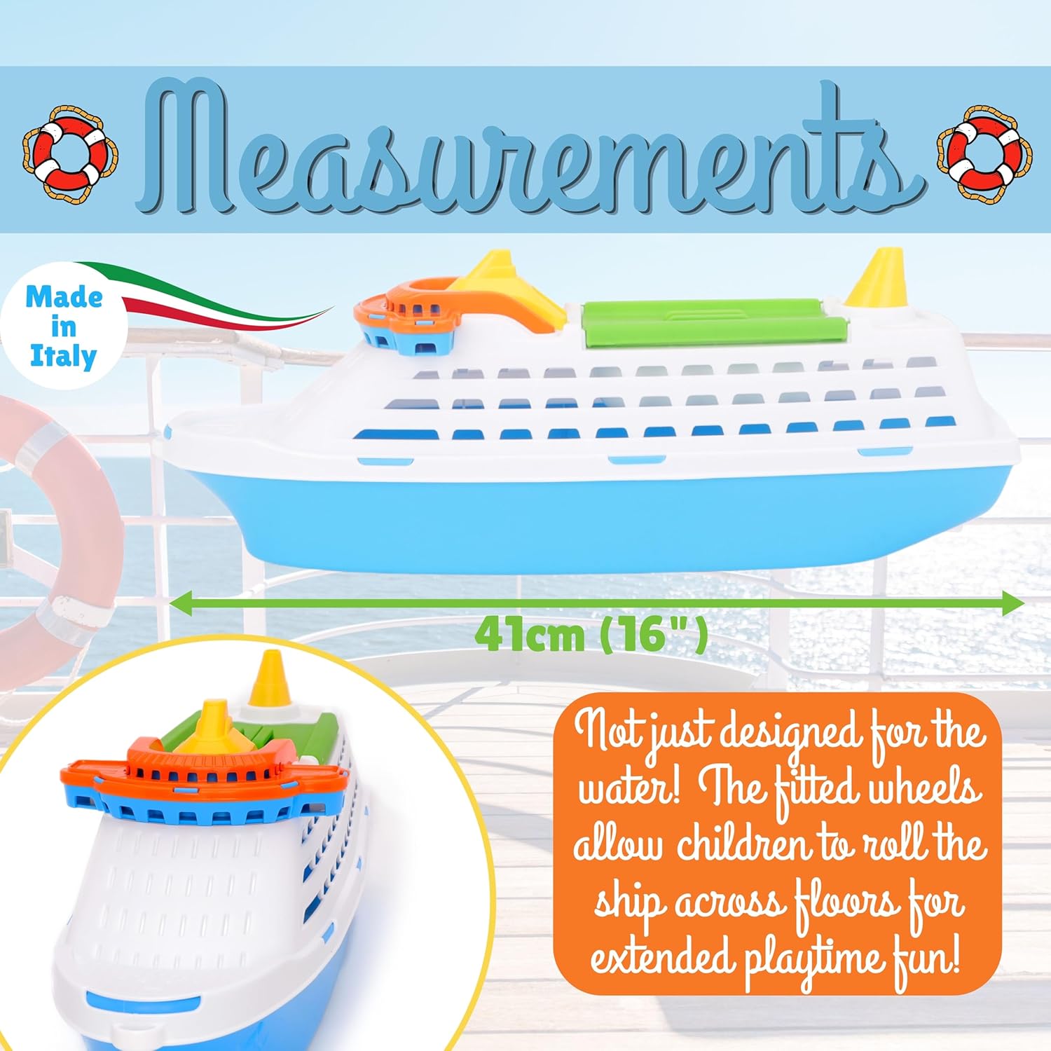 Toyland® 41cm (16") Colourful Cruise Ship With Moveable Doors and Wheels - Kids Floating Water Toy - Pool & Bathtime Toys - Ages 3+ - Image 5