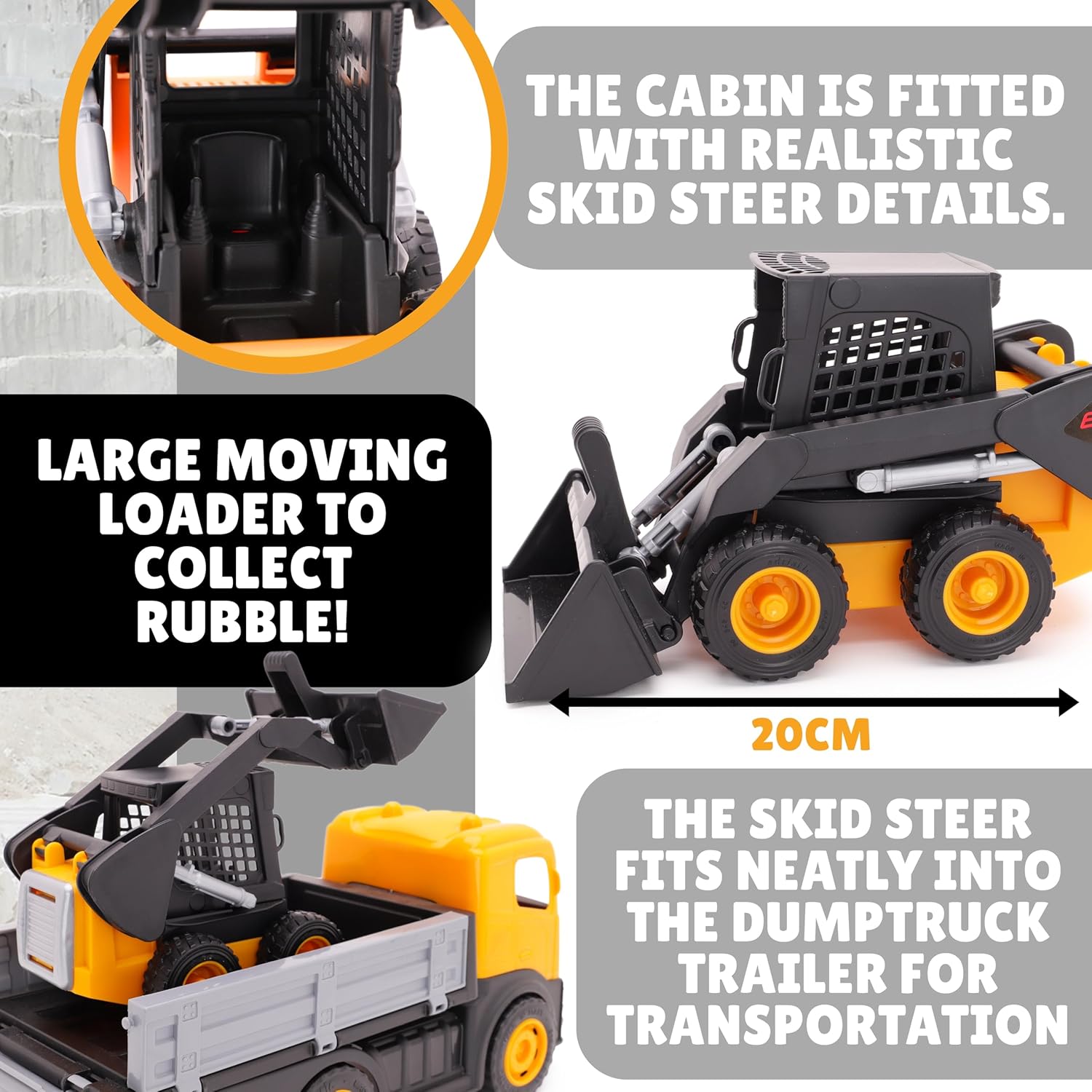 Toyland® Set of 2, 1:16 Scale Construction Trucks - 36cm (14") 6 Wheel Dump Truck & 20cm (8") Skid Steer with Moveable Wheels & Parts - Construction Toys - Outdoor & Indoor - Image 5