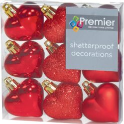 Christmas Decorations 9 Pack 40mm Multi Finish Heart baubles - Red