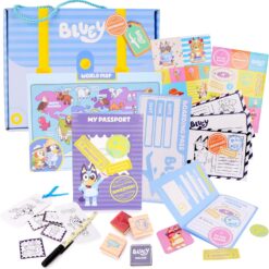 Toyland® 20 Piece Bluey Pretend Play Travel Activity Set - Passport & Boarding Pass, 1 Pen, 2 Sticker Sheets, 3 Wooden Stampers With Ink Pad, 3 Postcards, 1 World Map & More - Arts And Crafts Toys