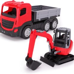 Toyland® 38cm (15") Red And Grey 6 Wheel Truck With Mini Excavator With Realistic Moving Wheels & Tilting Parts - Toy Construction Vehicles