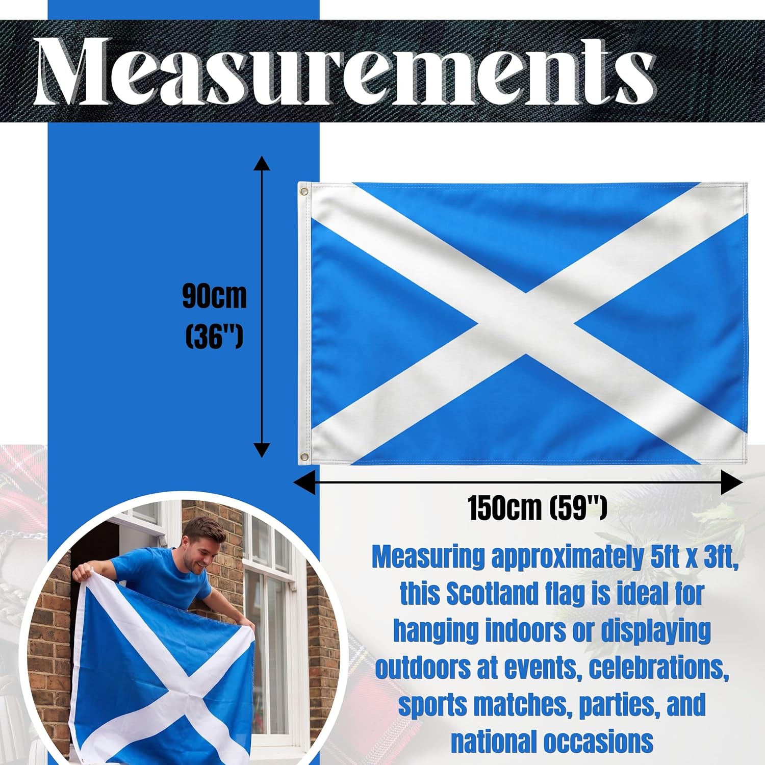Toyland® 5ft x 3ft (150cm x 91cm) Large Blue & White Scotland Flag - Scottish Patriotic Celebrations & Party Decorations - Highland Games, St Andrews Day, Sports Fans, World Cup & Euros - Image 8