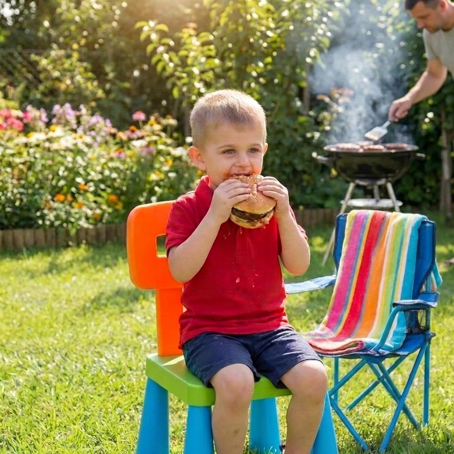 Toyland® 62cm (24") Kids Durable Plastic Chair - Orange, Blue & Green Children's Seat - Indoor & Outdoor Seating for Playroom, Bedroom or Garden - Suitable for Ages 2+ - Image 3