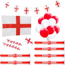 Toyland® 50 Piece England Party Decorations Bundle – 10m Bunting, 12 Hand Flags, 5ft x 3ft St George Flag, 30 Latex Balloons & 6 Bang Bang Sticks - Euros - World Cup Football Party