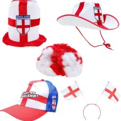 Toyland® 5 Piece England Party Headwear Bundle – Top Hat, Cowboy Hat, Headband, Baseball Cap & Wig - Euros, World Cup, St George's Day - British Fancy Dress - English Party Decorations