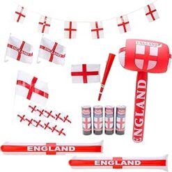 Toyland® 24 Piece England Bundle – Inflatable Hammer, 2 x Car Flags, Flag & Horn, 2 x Bang Bang Sticks, 12 x Hand Flags, 10m Bunting & 4 x Party Poppers - Euros, World Cup, St George's Day Decorations