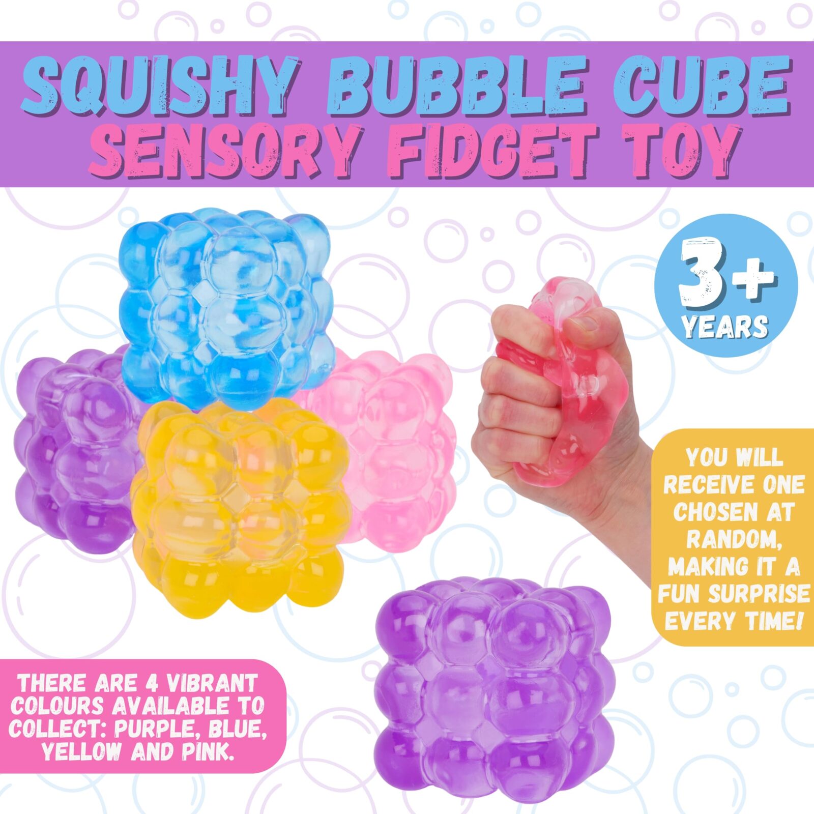 Toyland® 5cm (2“) Squishy Bubble Cube Squeeze Toy - 4 Assorted Colours - 1 Chosen At Random - Squeezy Stress Ball & Sensory Fidget Toy for Kids & Adults - Ages 3+ - Image 2