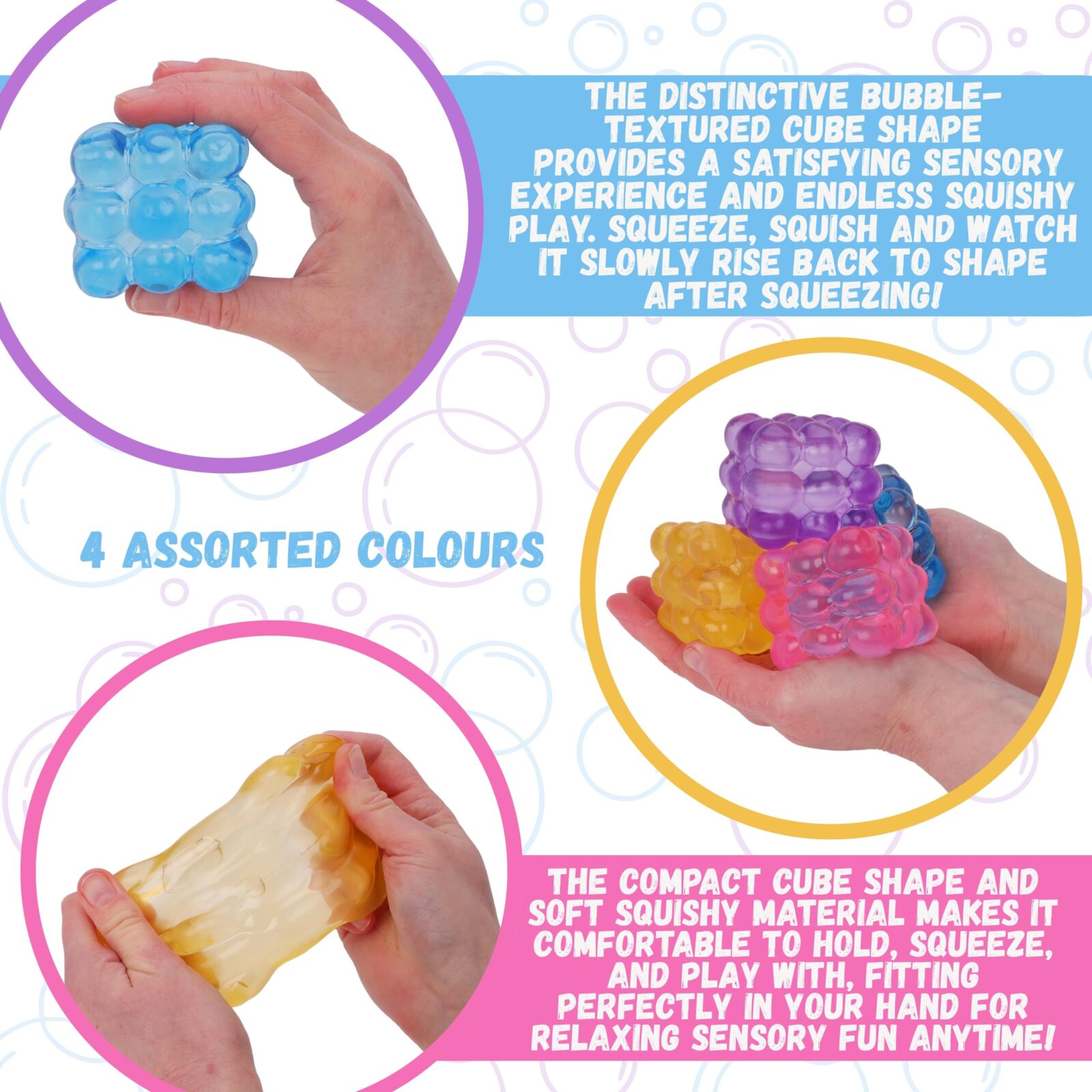 Toyland® 5cm (2“) Squishy Bubble Cube Squeeze Toy - 4 Assorted Colours - 1 Chosen At Random - Squeezy Stress Ball & Sensory Fidget Toy for Kids & Adults - Ages 3+ - Image 4
