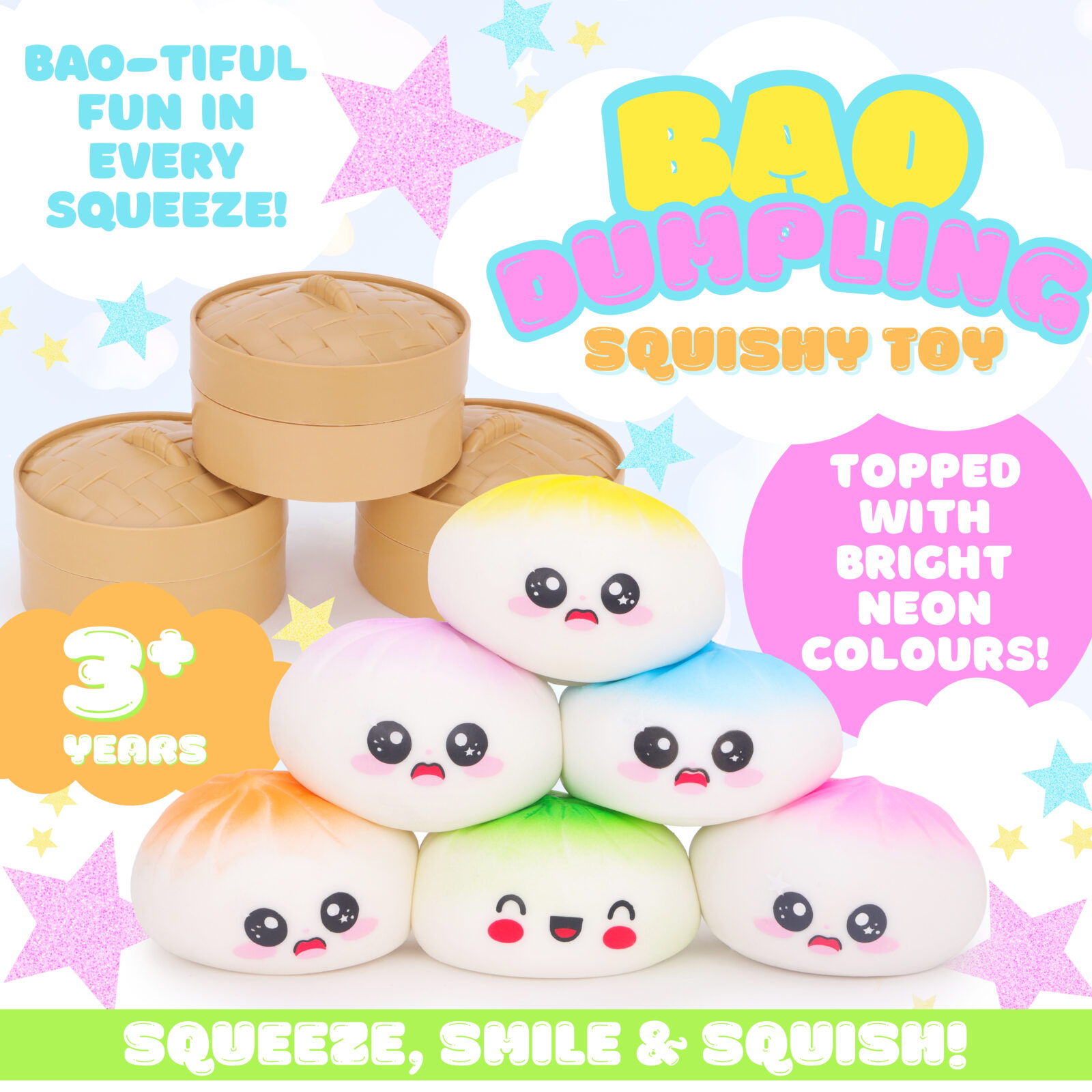 Toyland® Colour Top Squishy Bao Dumpling Sensory Fidget Toy with Plastic Steamer Box - Squeeze Toys for Kids - Ages 3+ - Image 7
