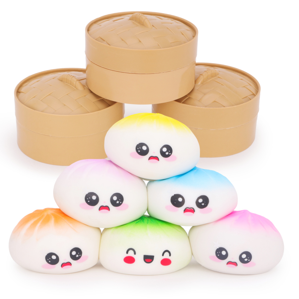 Toyland® Colour Top Squishy Bao Dumpling Sensory Fidget Toy with Plastic Steamer Box - Squeeze Toys for Kids - Ages 3+
