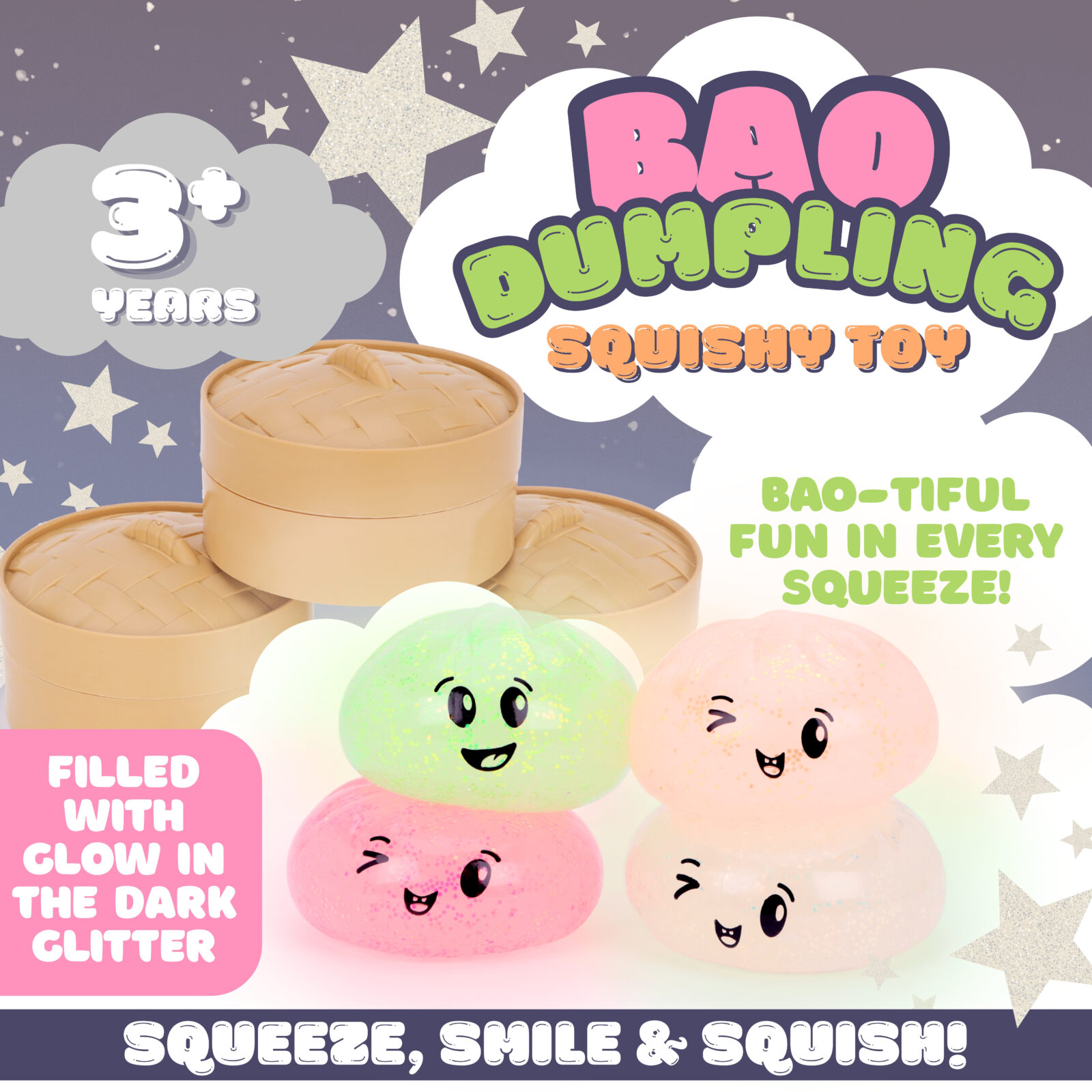 Toyland® Glow In The Dark Squishy Bao Dumpling Sensory Fidget Toy with Plastic Steamer Box - Squeeze Toys for Kids - Ages 3+ - Image 4