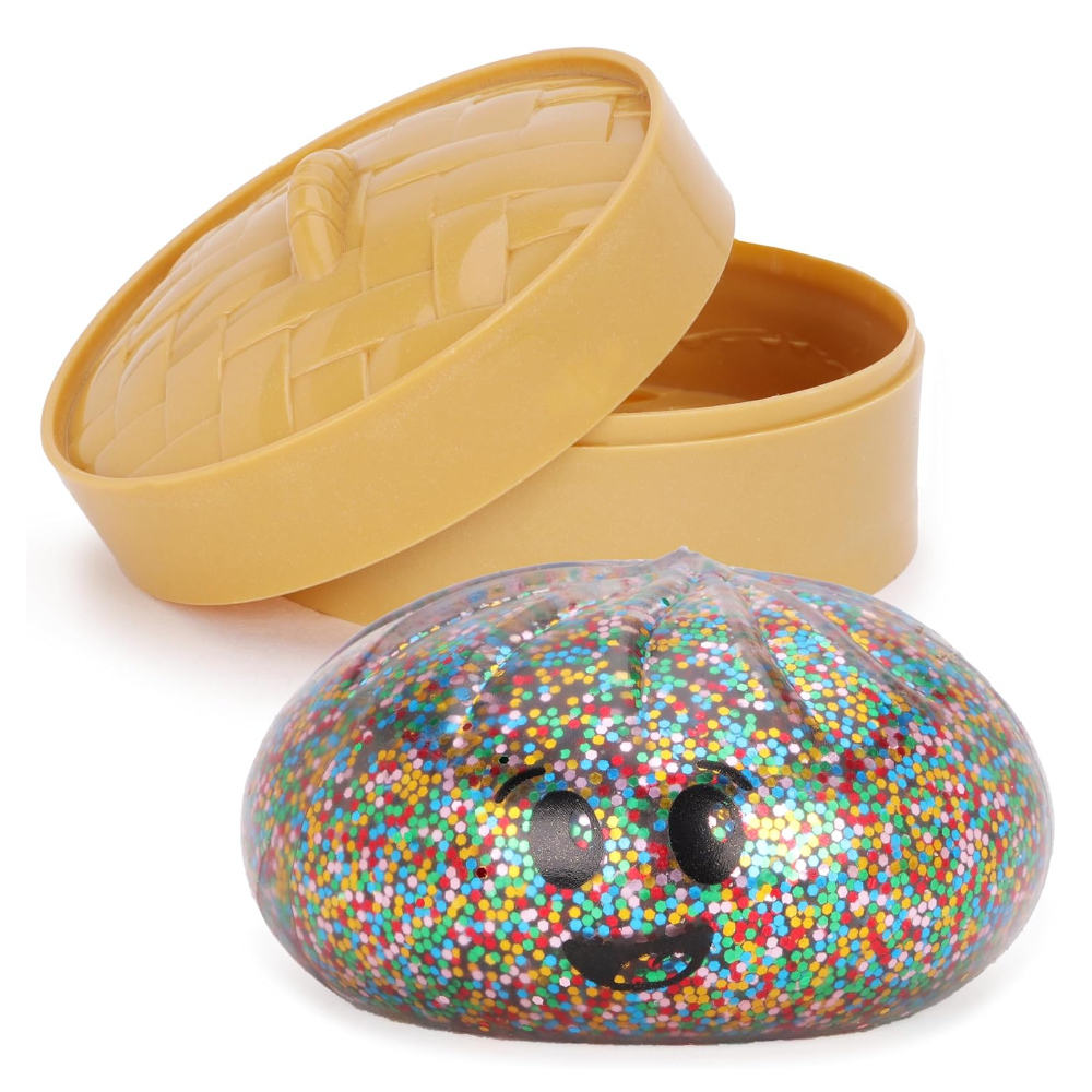 Toyland® Rainbow Glitter Squishy Bao Dumpling Sensory Fidget Toy with Plastic Steamer Box - Squeeze Toys for Kids - Ages 3+