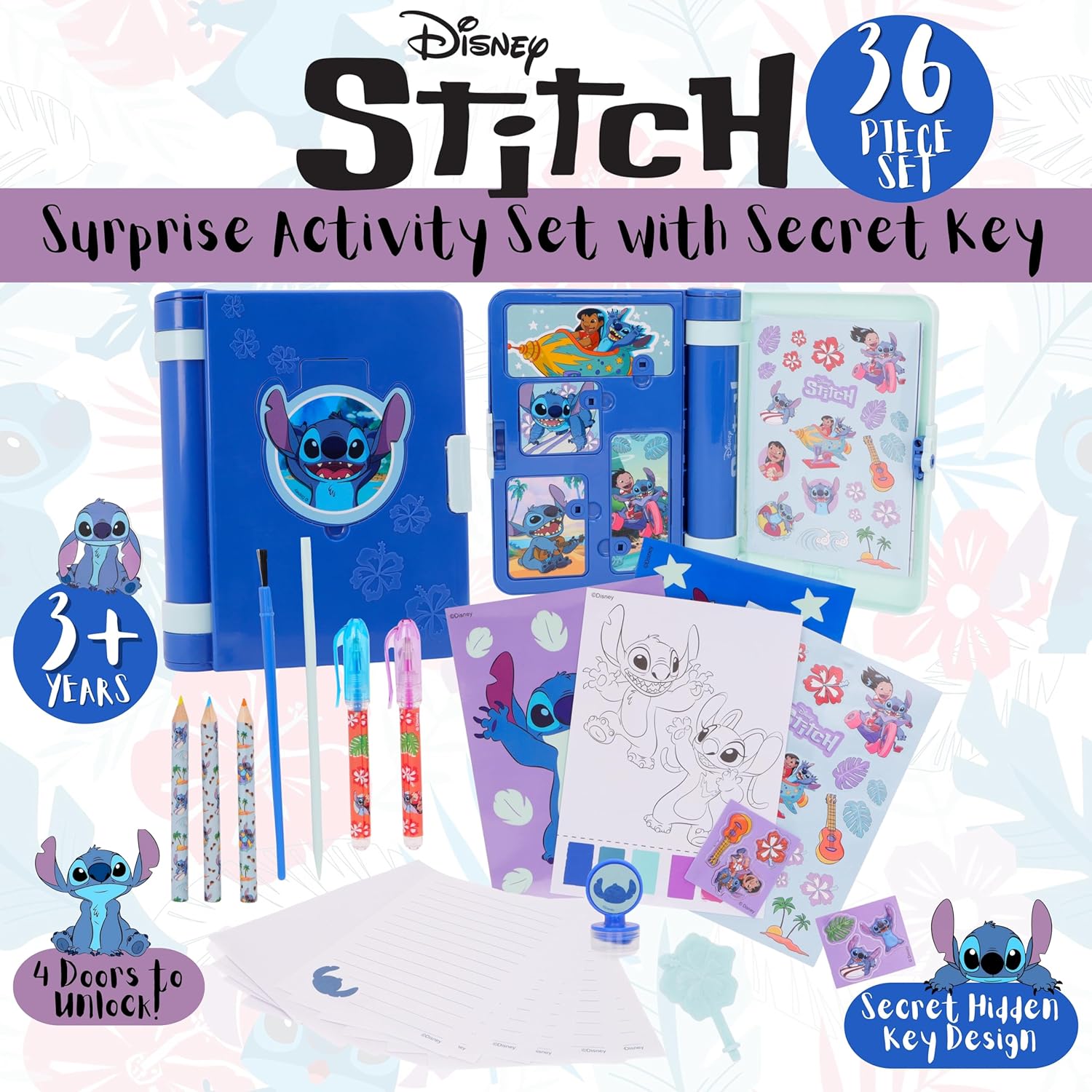 Toyland® Disney Stitch 36-Piece Surprise Activity Set with Secret Key – 4 Doors to Unlock – Stationery Supplies, Arts & Crafts Kit for Kids – Ages 3+ - Image 2
