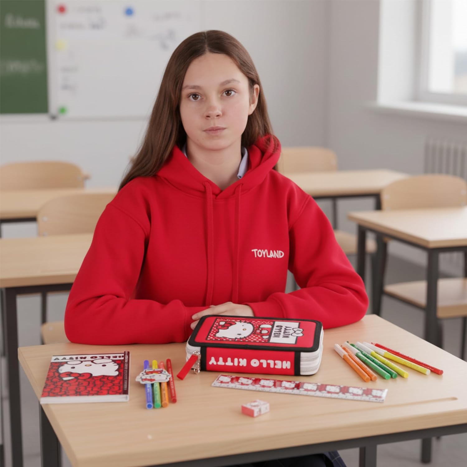 Toyland® Hello Kitty Two-Tier Zipped Filled Pencil Case - Includes: 1 Notebook, 7 Coloured Pencils, 8 Felt Tip Pens, Pencil, Ruler, Eraser, Sharpener - Kids School Stationery & Organiser - Image 5