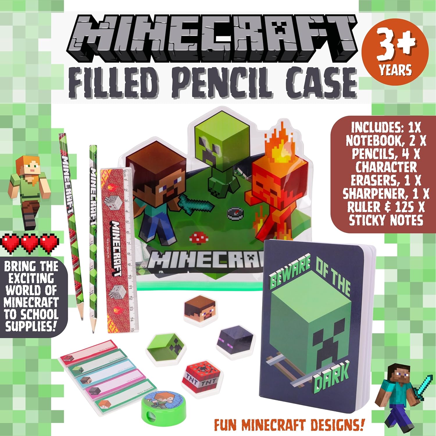Toyland® Minecraft Filled Pencil Case - Includes: 1x Notebook, 2 x Pencils, 4 x Character Erasers, 1 x Sharpener, 1 x Ruler & 125 x Sticky Notes - School Stationary Set - Travel Drawing Supplies - Image 2