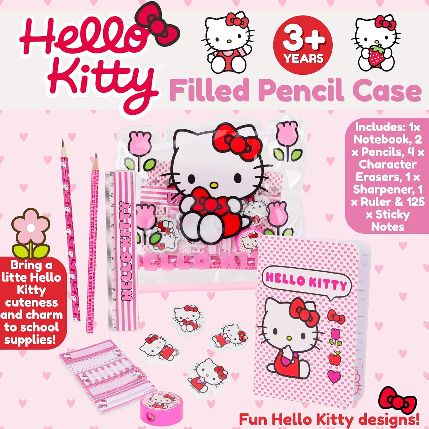 Toyland® Hello Kitty Filled Pencil Case - Includes: 1x Notebook, 2 x Pencils, 4 x Character Erasers, 1 x Sharpener, 1 x Ruler & 125 x Sticky Notes - School Stationary Set - Travel Drawing Supplies - Image 2