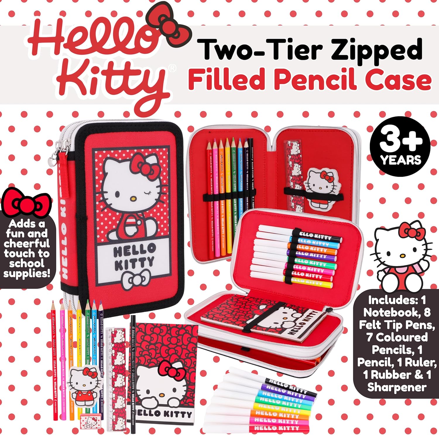 Toyland® Hello Kitty Two-Tier Zipped Filled Pencil Case - Includes: 1 Notebook, 7 Coloured Pencils, 8 Felt Tip Pens, Pencil, Ruler, Eraser, Sharpener - Kids School Stationery & Organiser - Image 2
