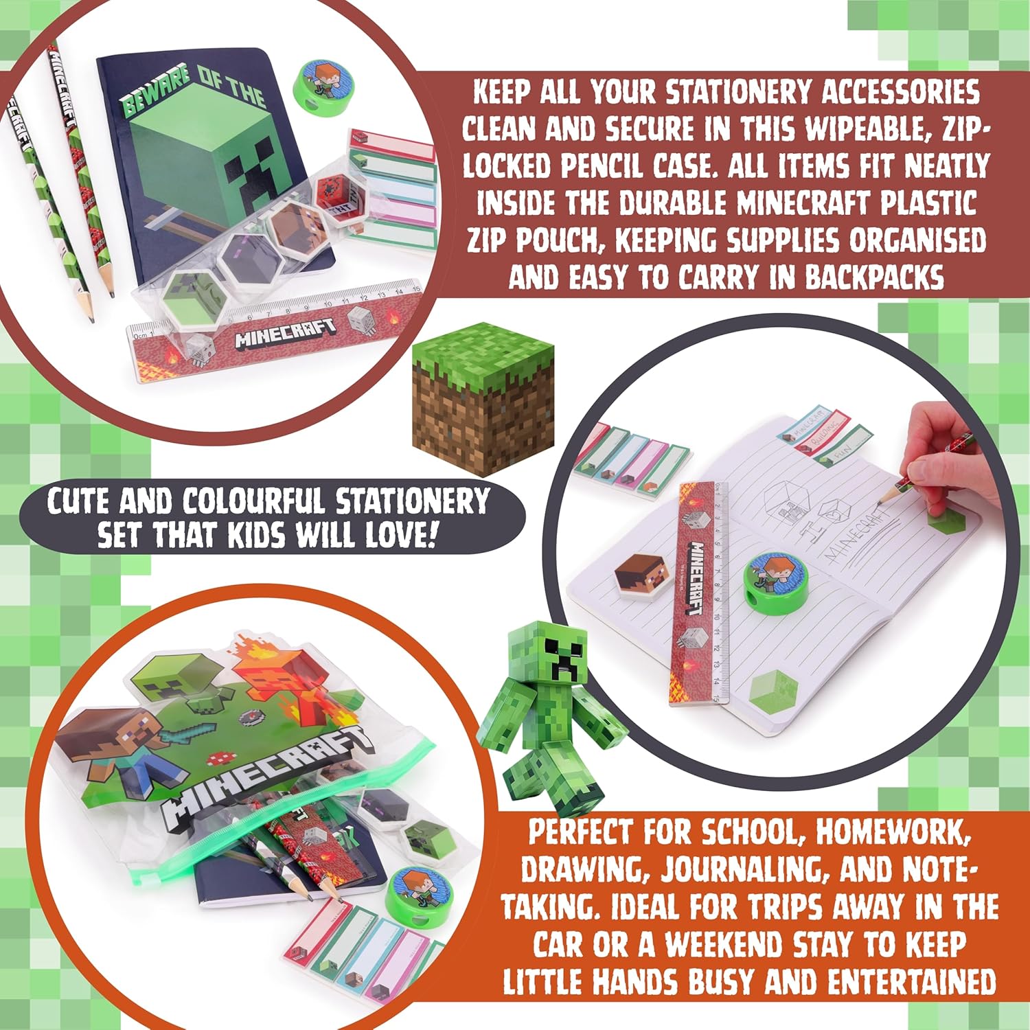 Toyland® Minecraft Filled Pencil Case - Includes: 1x Notebook, 2 x Pencils, 4 x Character Erasers, 1 x Sharpener, 1 x Ruler & 125 x Sticky Notes - School Stationary Set - Travel Drawing Supplies - Image 3