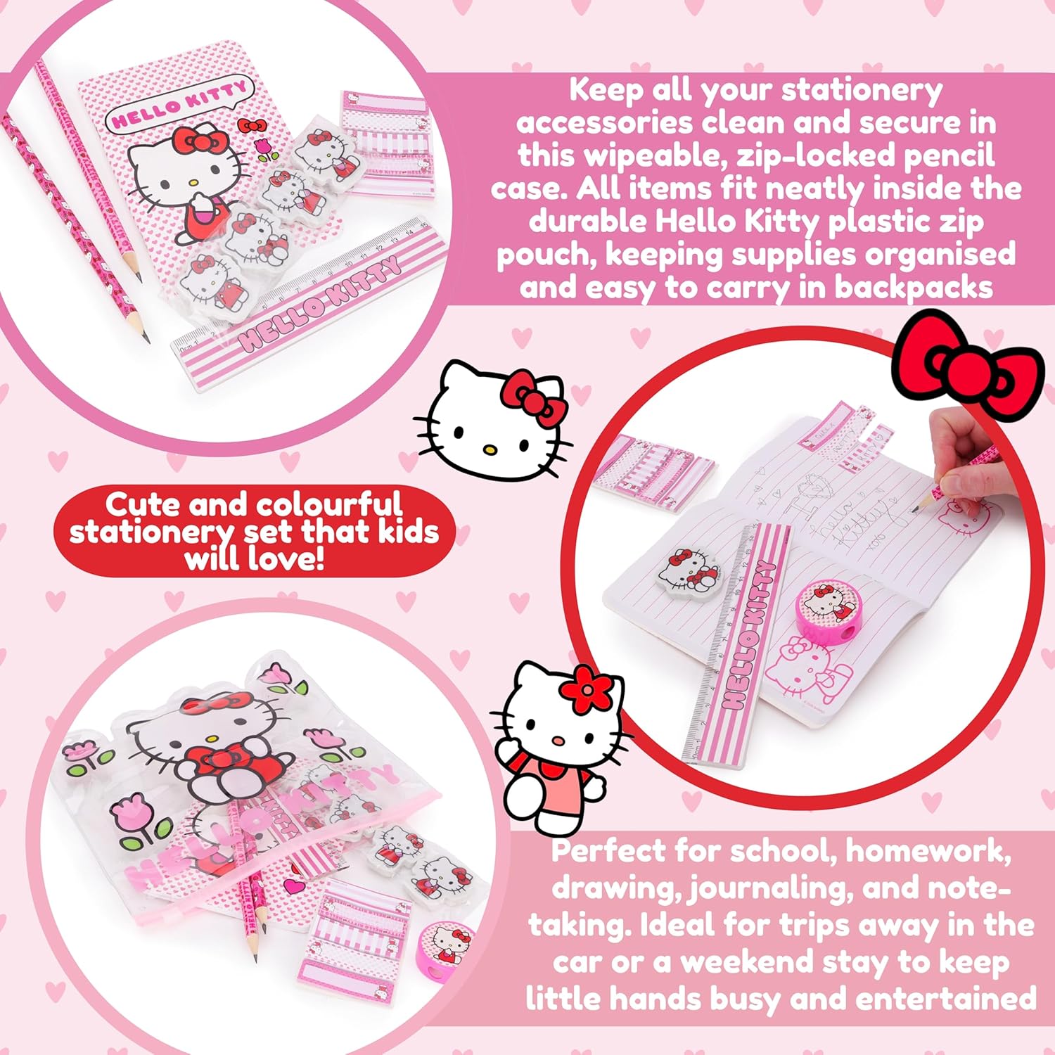 Toyland® Hello Kitty Filled Pencil Case - Includes: 1x Notebook, 2 x Pencils, 4 x Character Erasers, 1 x Sharpener, 1 x Ruler & 125 x Sticky Notes - School Stationary Set - Travel Drawing Supplies - Image 3