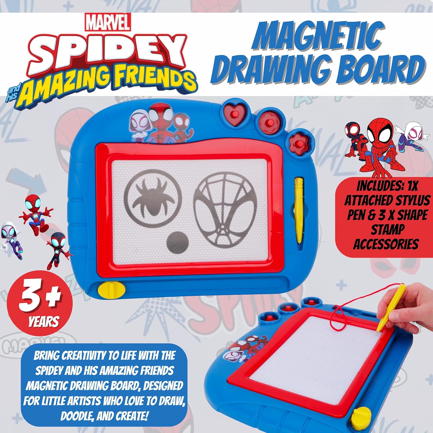 Toyland® Spidey And His Amazing Friends Magnetic Drawing Board - Includes 1x Attached Stylus Pen & 3 x Shape Stamp Accessories - Mess Free Doodle Pad - Educational Learning Toy - Image 3