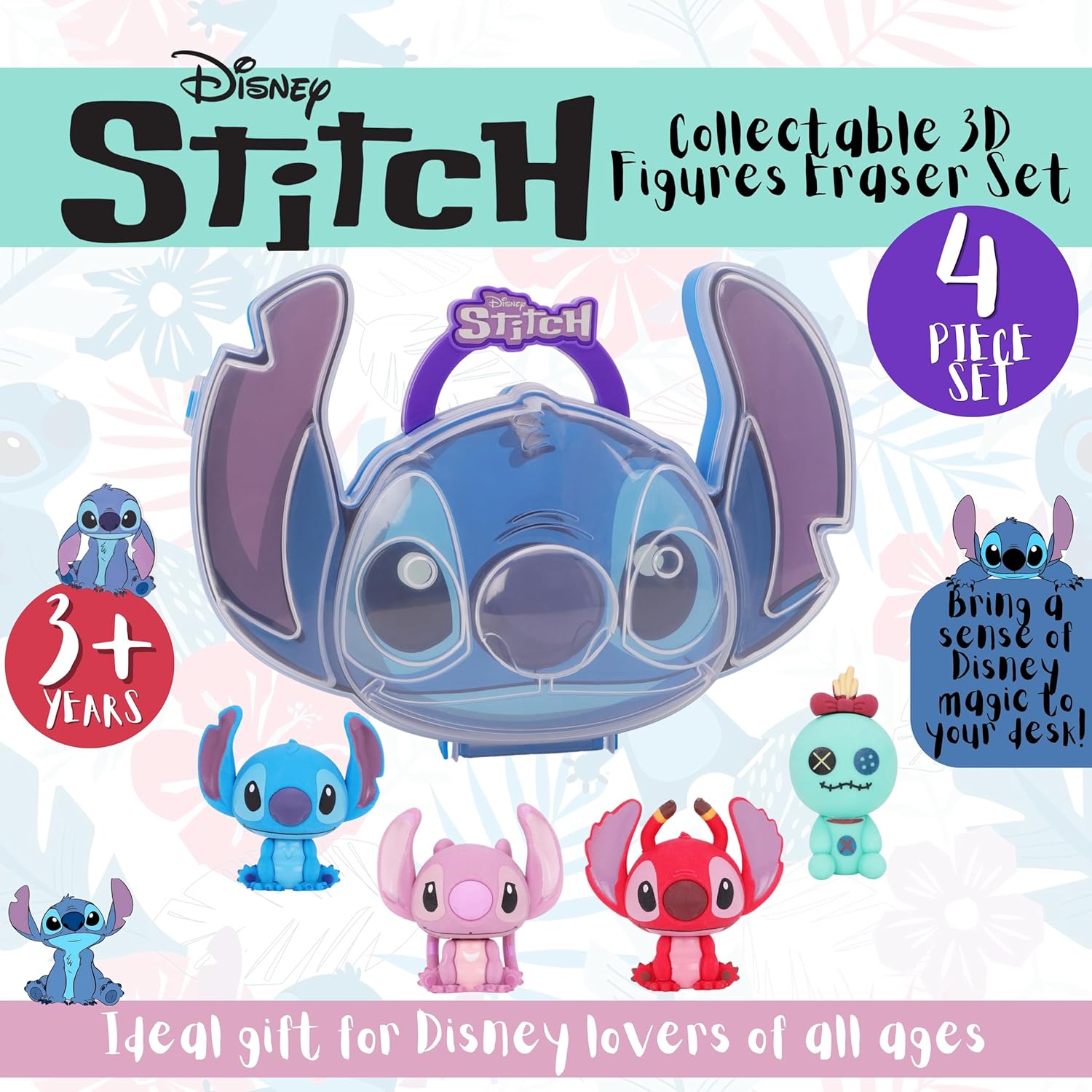 Toyland® Disney Stitch & Friends Character Shaped Carry Case & 4 Piece Collectable 3D Figures Eraser Set - Portable Stationery Supplies - Image 2