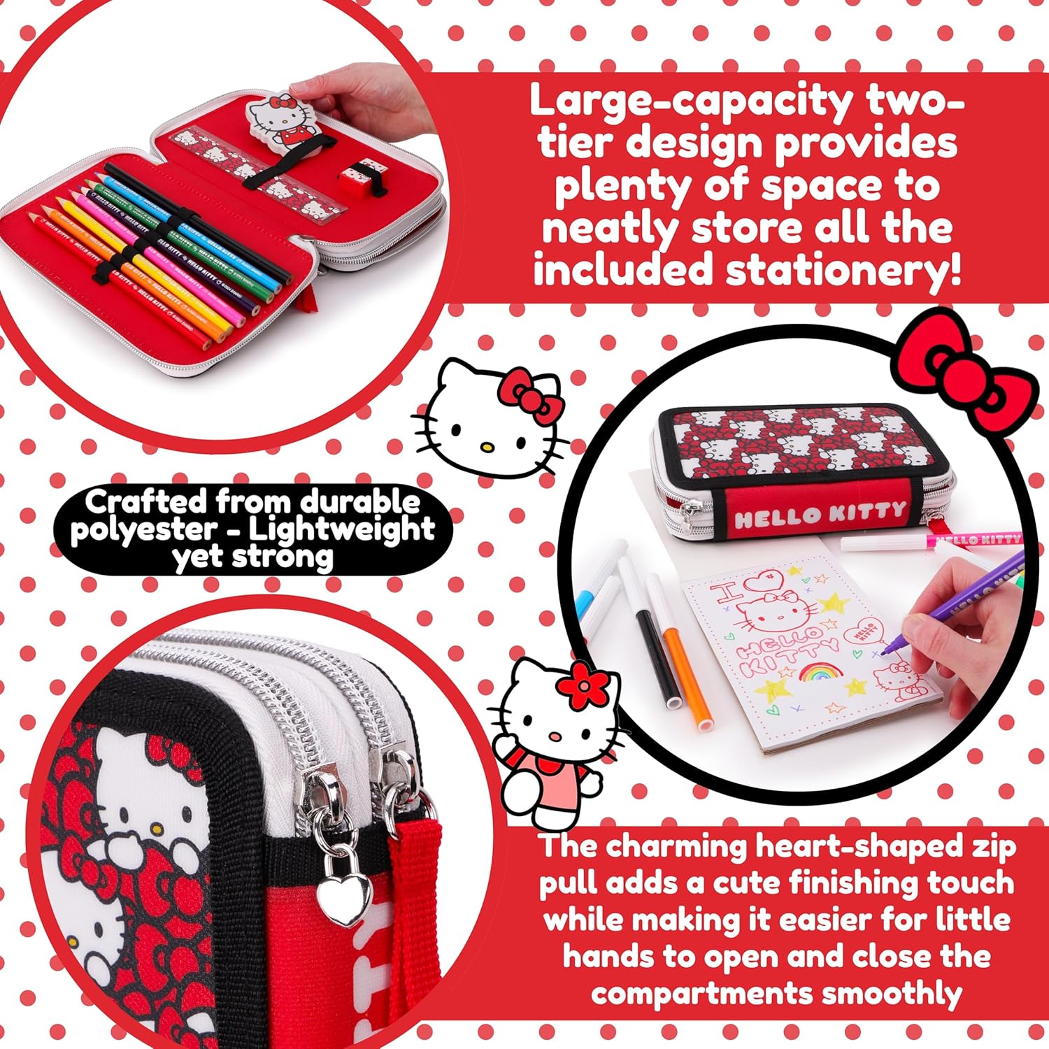 Toyland® Hello Kitty Two-Tier Zipped Filled Pencil Case - Includes: 1 Notebook, 7 Coloured Pencils, 8 Felt Tip Pens, Pencil, Ruler, Eraser, Sharpener - Kids School Stationery & Organiser - Image 3
