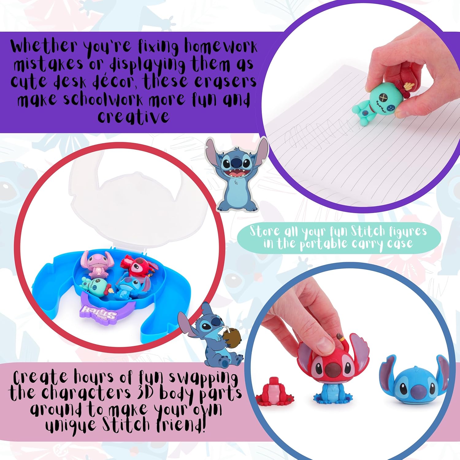 Toyland® Disney Stitch & Friends Character Shaped Carry Case & 4 Piece Collectable 3D Figures Eraser Set - Portable Stationery Supplies - Image 3