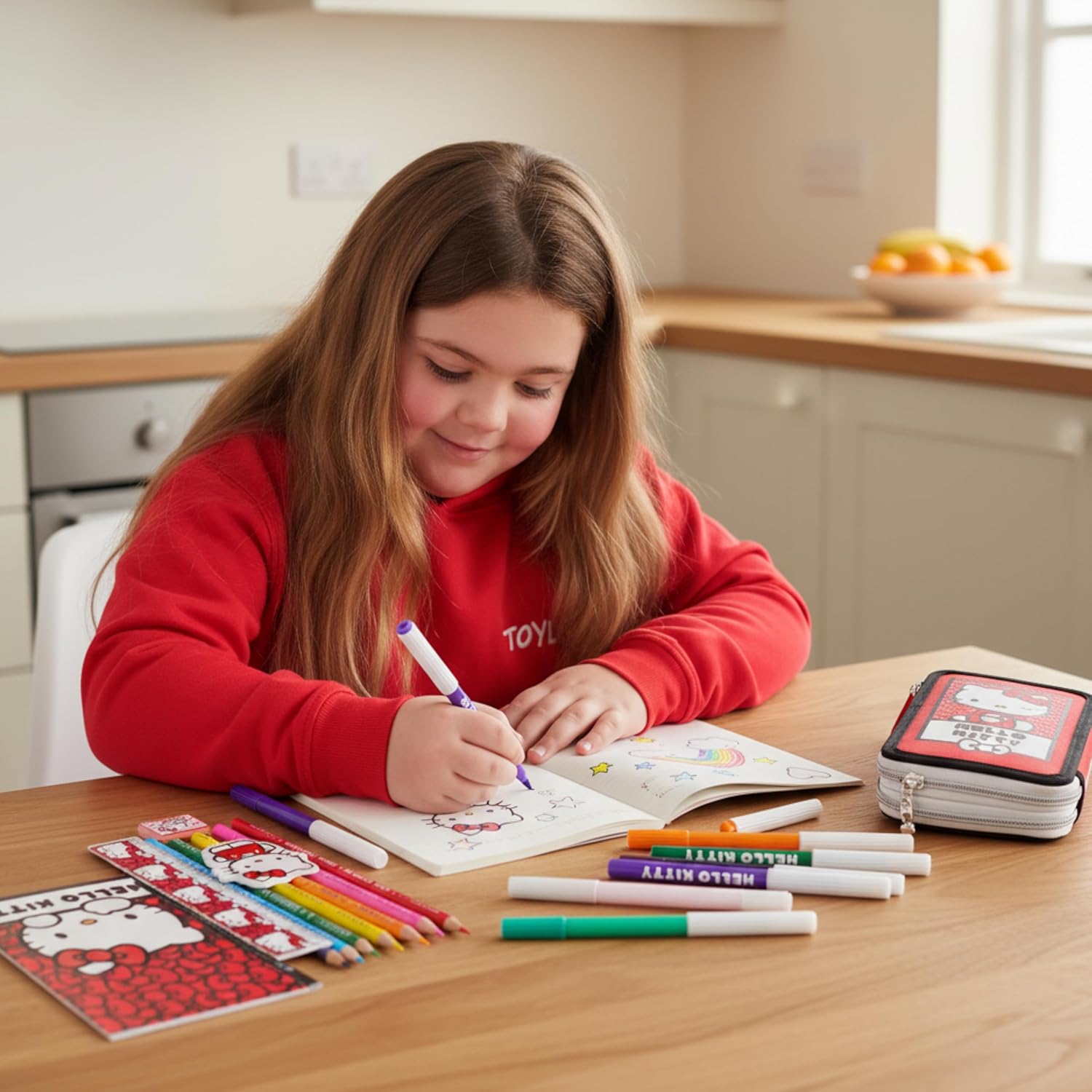 Toyland® Hello Kitty Two-Tier Zipped Filled Pencil Case - Includes: 1 Notebook, 7 Coloured Pencils, 8 Felt Tip Pens, Pencil, Ruler, Eraser, Sharpener - Kids School Stationery & Organiser - Image 6