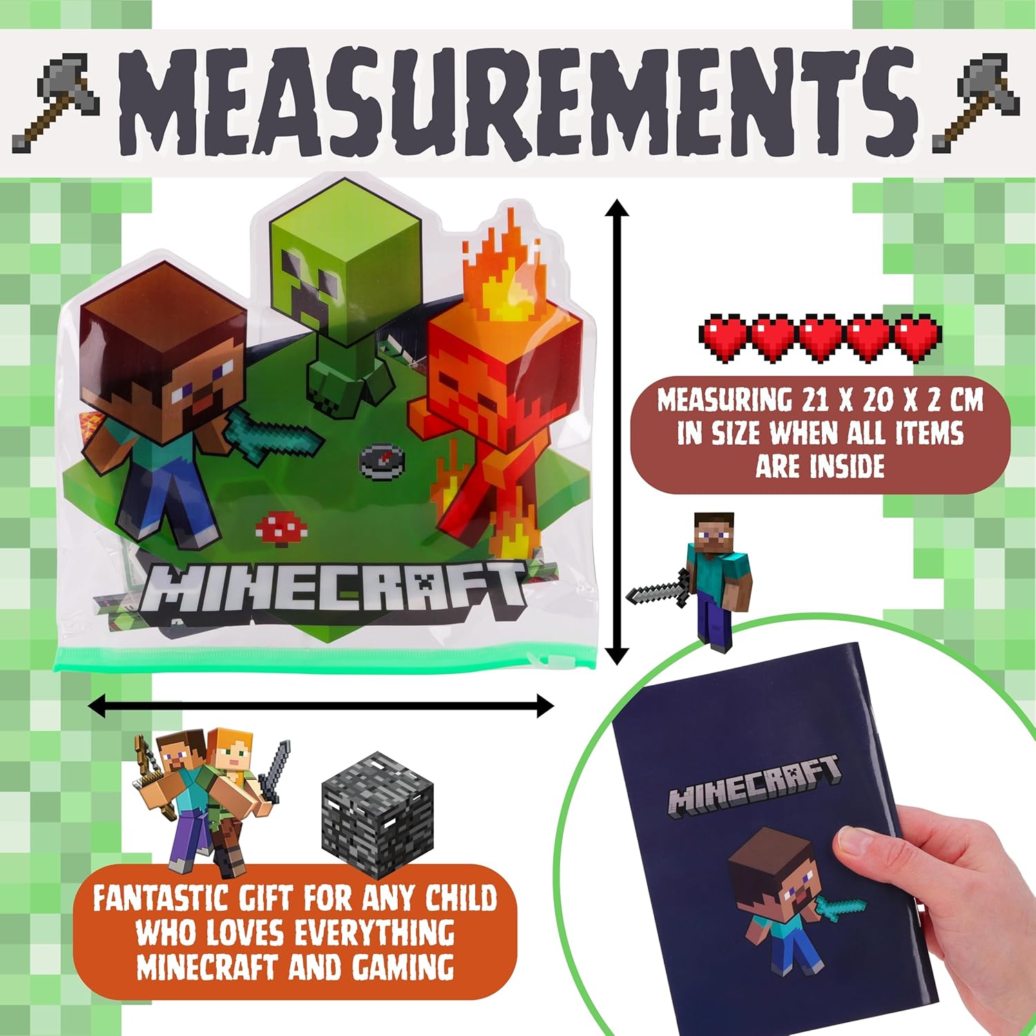 Toyland® Minecraft Filled Pencil Case - Includes: 1x Notebook, 2 x Pencils, 4 x Character Erasers, 1 x Sharpener, 1 x Ruler & 125 x Sticky Notes - School Stationary Set - Travel Drawing Supplies - Image 4