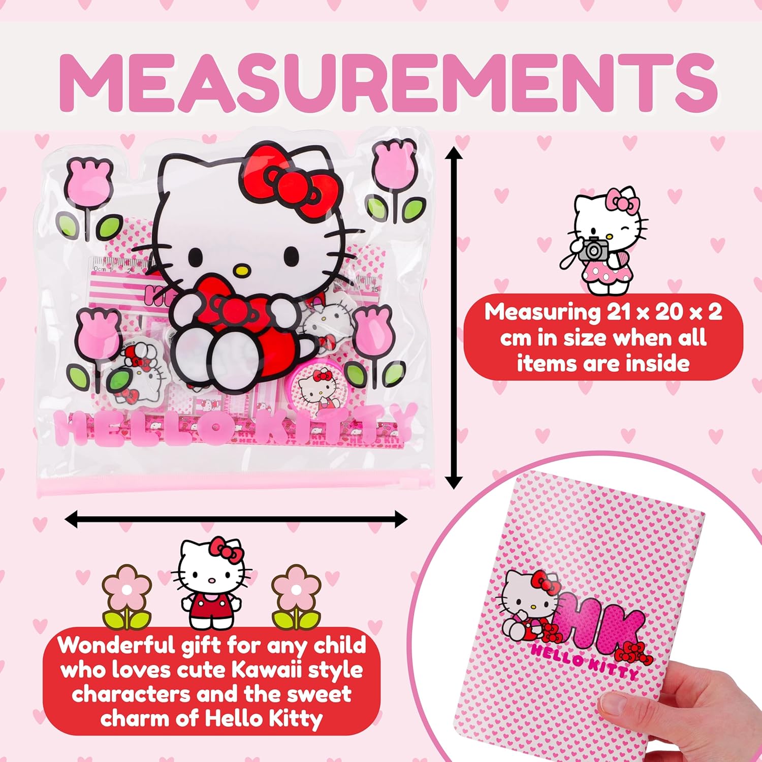 Toyland® Hello Kitty Filled Pencil Case - Includes: 1x Notebook, 2 x Pencils, 4 x Character Erasers, 1 x Sharpener, 1 x Ruler & 125 x Sticky Notes - School Stationary Set - Travel Drawing Supplies - Image 4