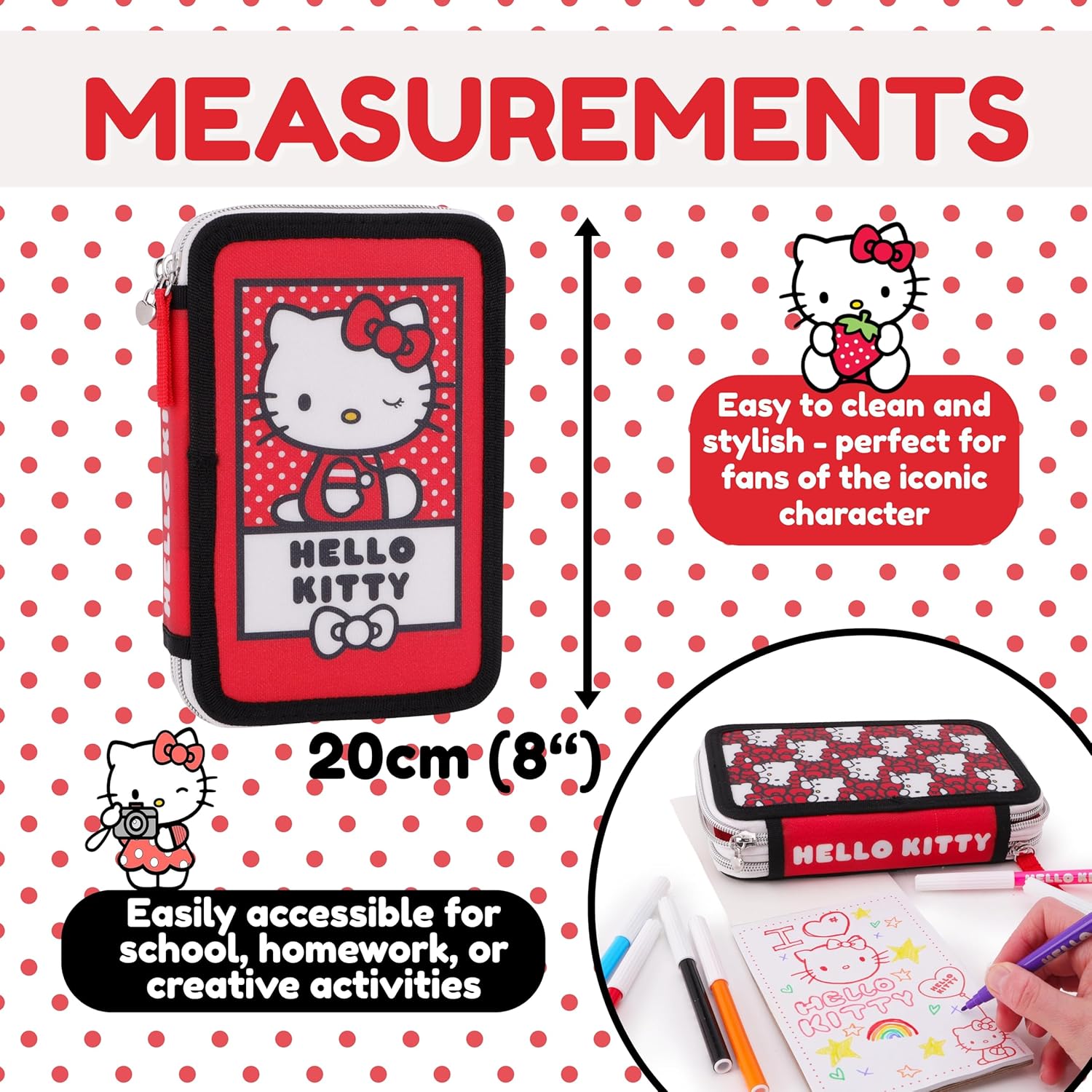 Toyland® Hello Kitty Two-Tier Zipped Filled Pencil Case - Includes: 1 Notebook, 7 Coloured Pencils, 8 Felt Tip Pens, Pencil, Ruler, Eraser, Sharpener - Kids School Stationery & Organiser - Image 4