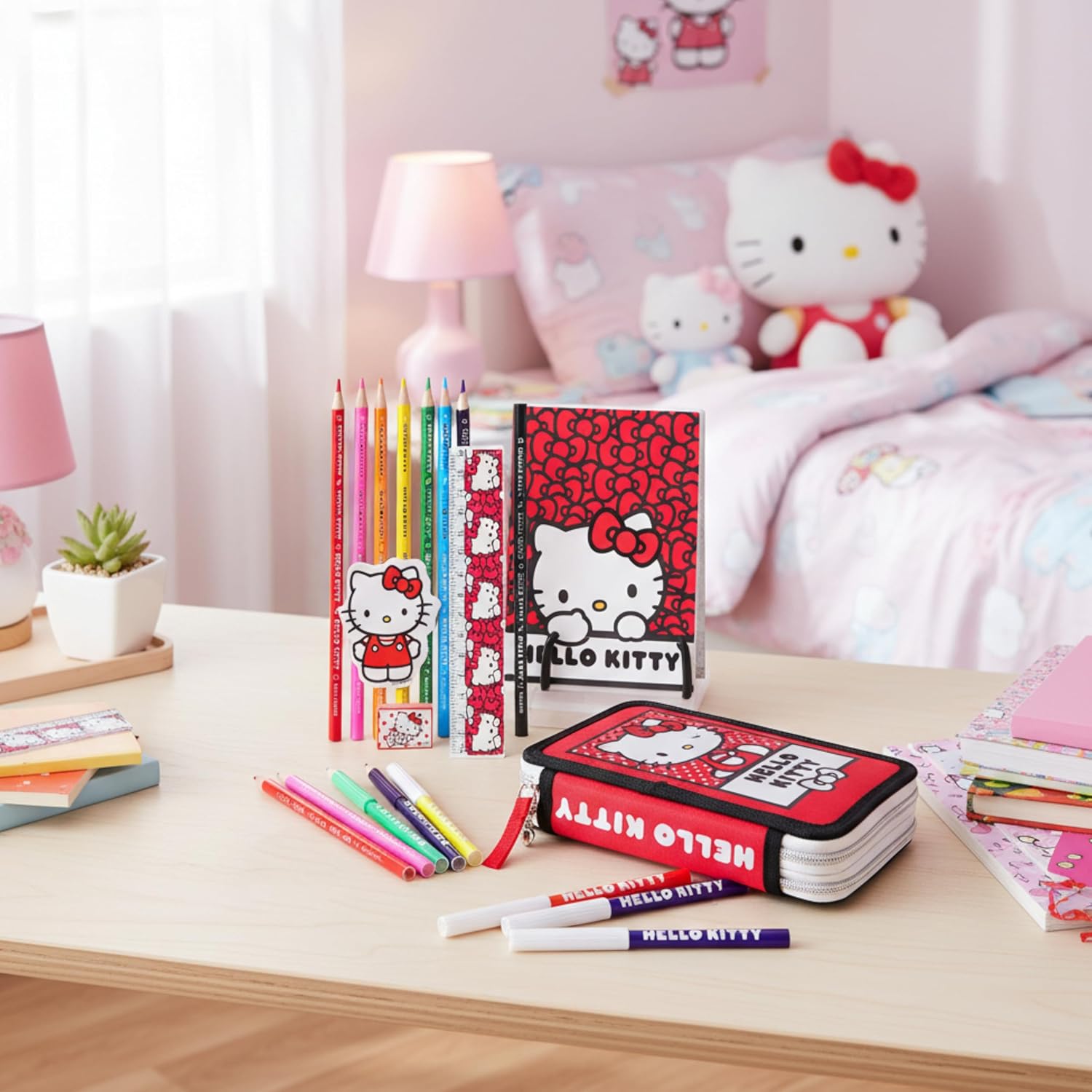 Toyland® Hello Kitty Two-Tier Zipped Filled Pencil Case - Includes: 1 Notebook, 7 Coloured Pencils, 8 Felt Tip Pens, Pencil, Ruler, Eraser, Sharpener - Kids School Stationery & Organiser - Image 7