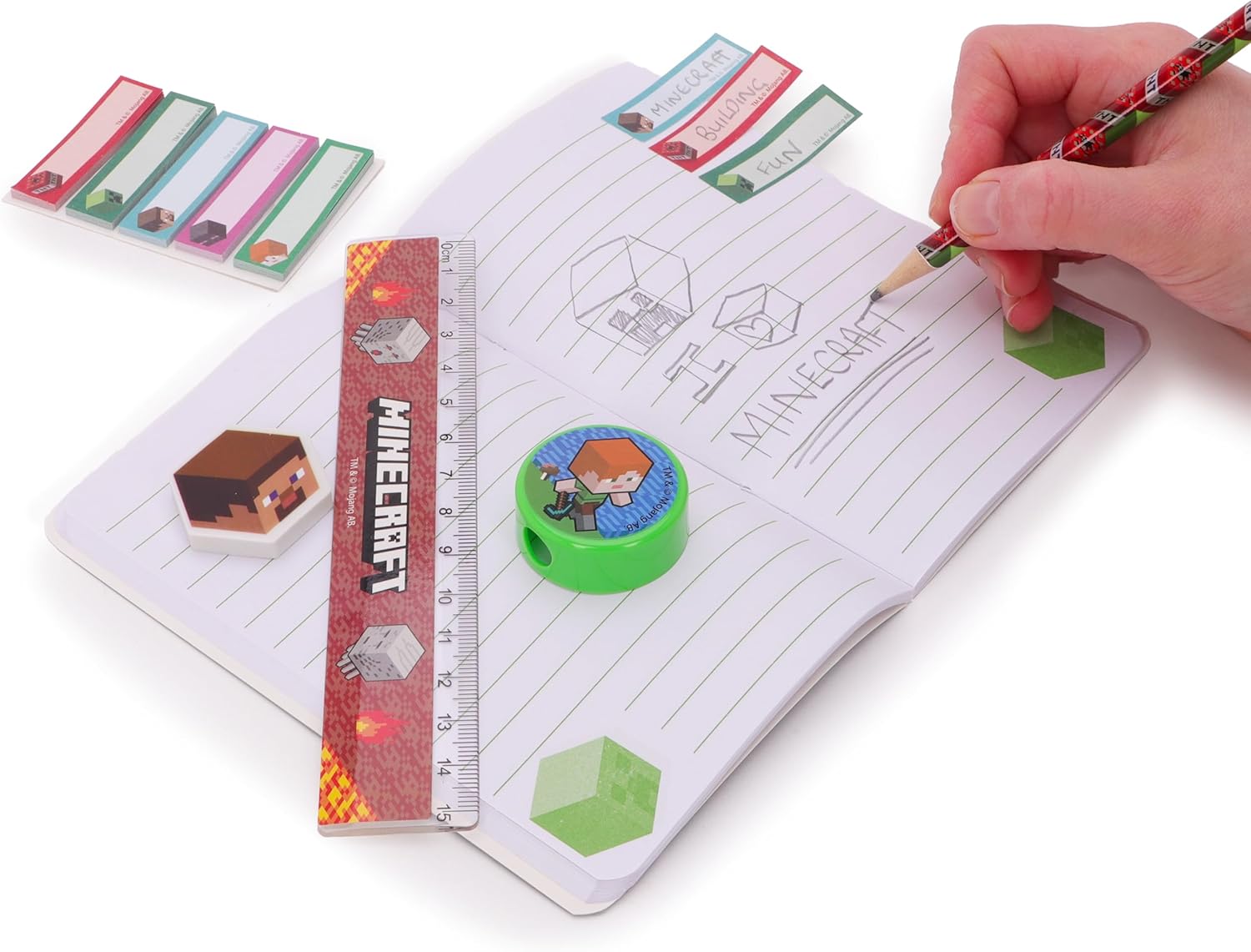Toyland® Minecraft Filled Pencil Case - Includes: 1x Notebook, 2 x Pencils, 4 x Character Erasers, 1 x Sharpener, 1 x Ruler & 125 x Sticky Notes - School Stationary Set - Travel Drawing Supplies - Image 8