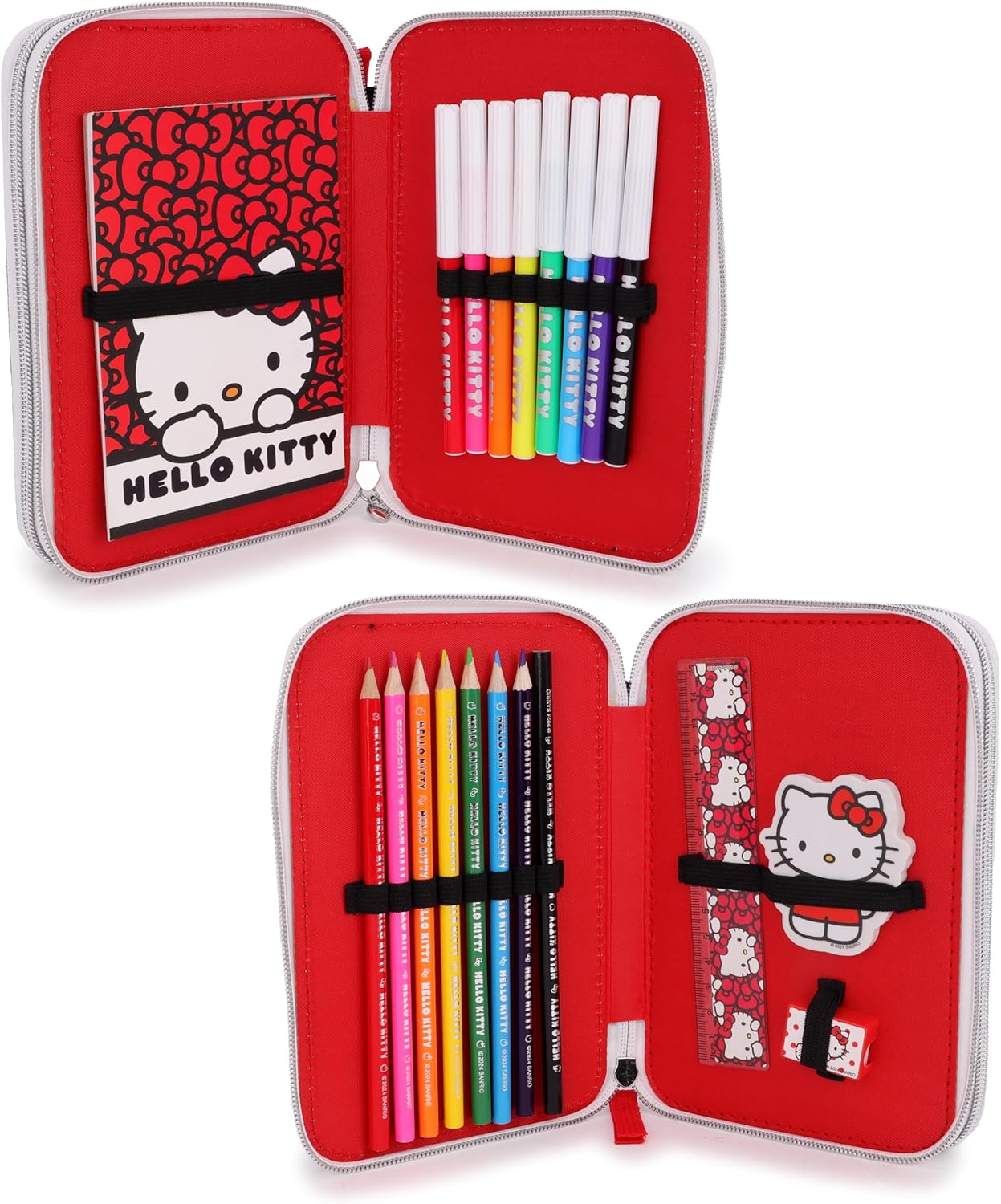 Toyland® Hello Kitty Two-Tier Zipped Filled Pencil Case - Includes: 1 Notebook, 7 Coloured Pencils, 8 Felt Tip Pens, Pencil, Ruler, Eraser, Sharpener - Kids School Stationery & Organiser - Image 9