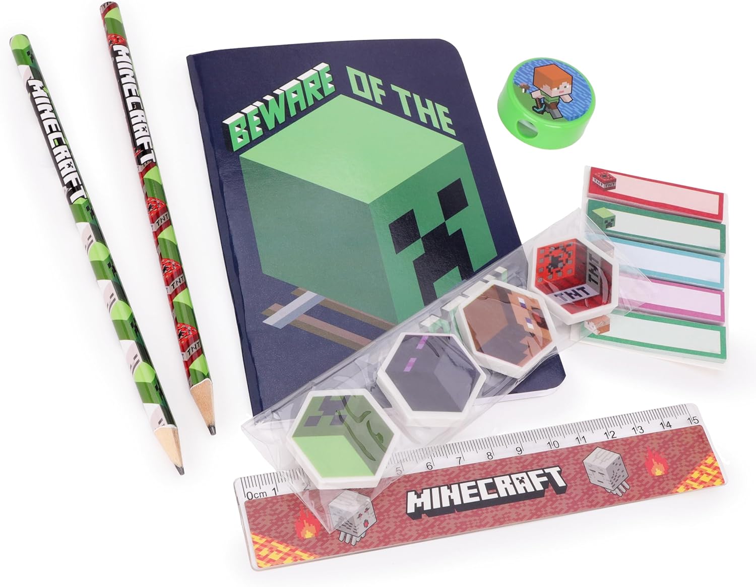 Toyland® Minecraft Filled Pencil Case - Includes: 1x Notebook, 2 x Pencils, 4 x Character Erasers, 1 x Sharpener, 1 x Ruler & 125 x Sticky Notes - School Stationary Set - Travel Drawing Supplies - Image 9