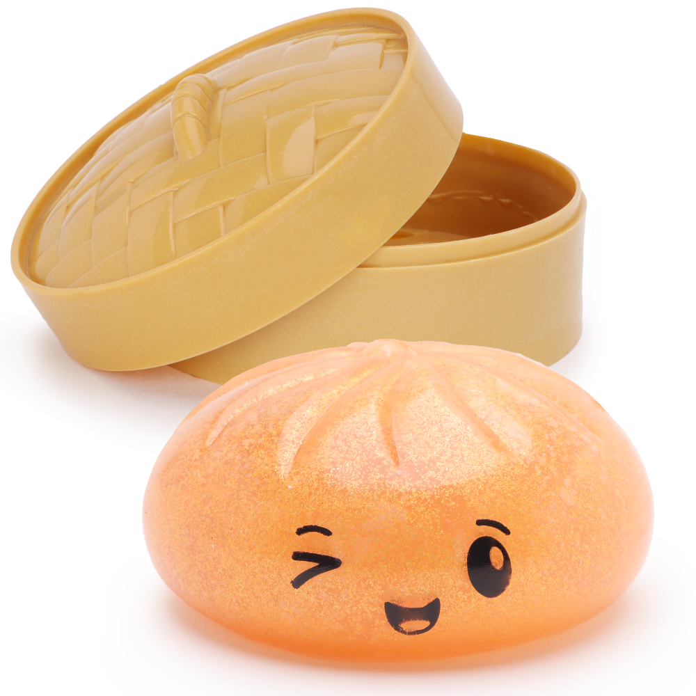 Toyland® Shiny Orange Squishy Bao Dumpling Sensory Fidget Toy with Plastic Steamer Box - Squeeze Toys for Kids - Ages 3+