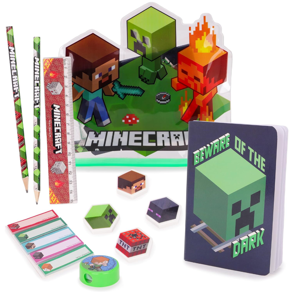 Toyland® Minecraft Filled Pencil Case - Includes: 1x Notebook, 2 x Pencils, 4 x Character Erasers, 1 x Sharpener, 1 x Ruler & 125 x Sticky Notes - School Stationary Set - Travel Drawing Supplies