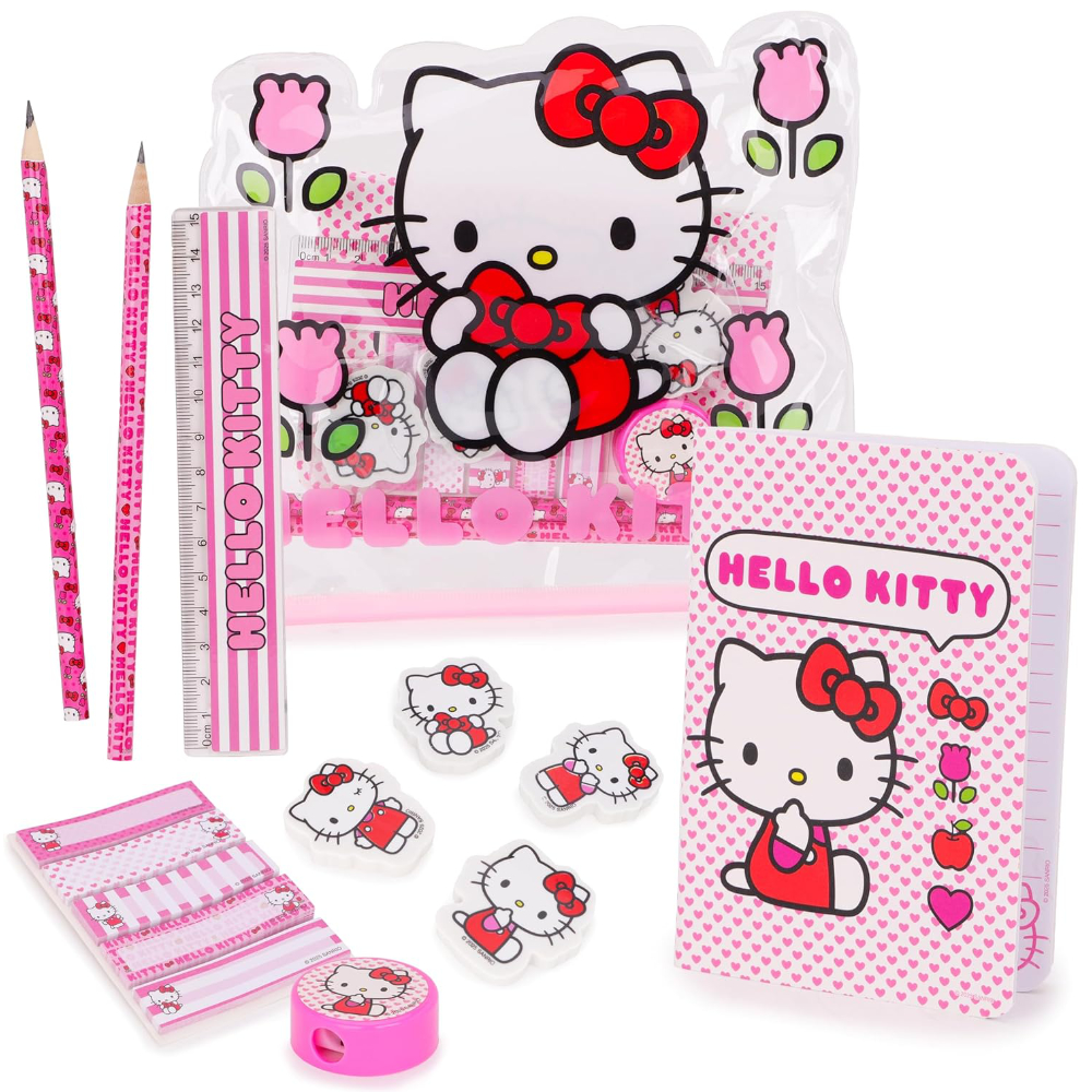 Toyland® Hello Kitty Filled Pencil Case - Includes: 1x Notebook, 2 x Pencils, 4 x Character Erasers, 1 x Sharpener, 1 x Ruler & 125 x Sticky Notes - School Stationary Set - Travel Drawing Supplies