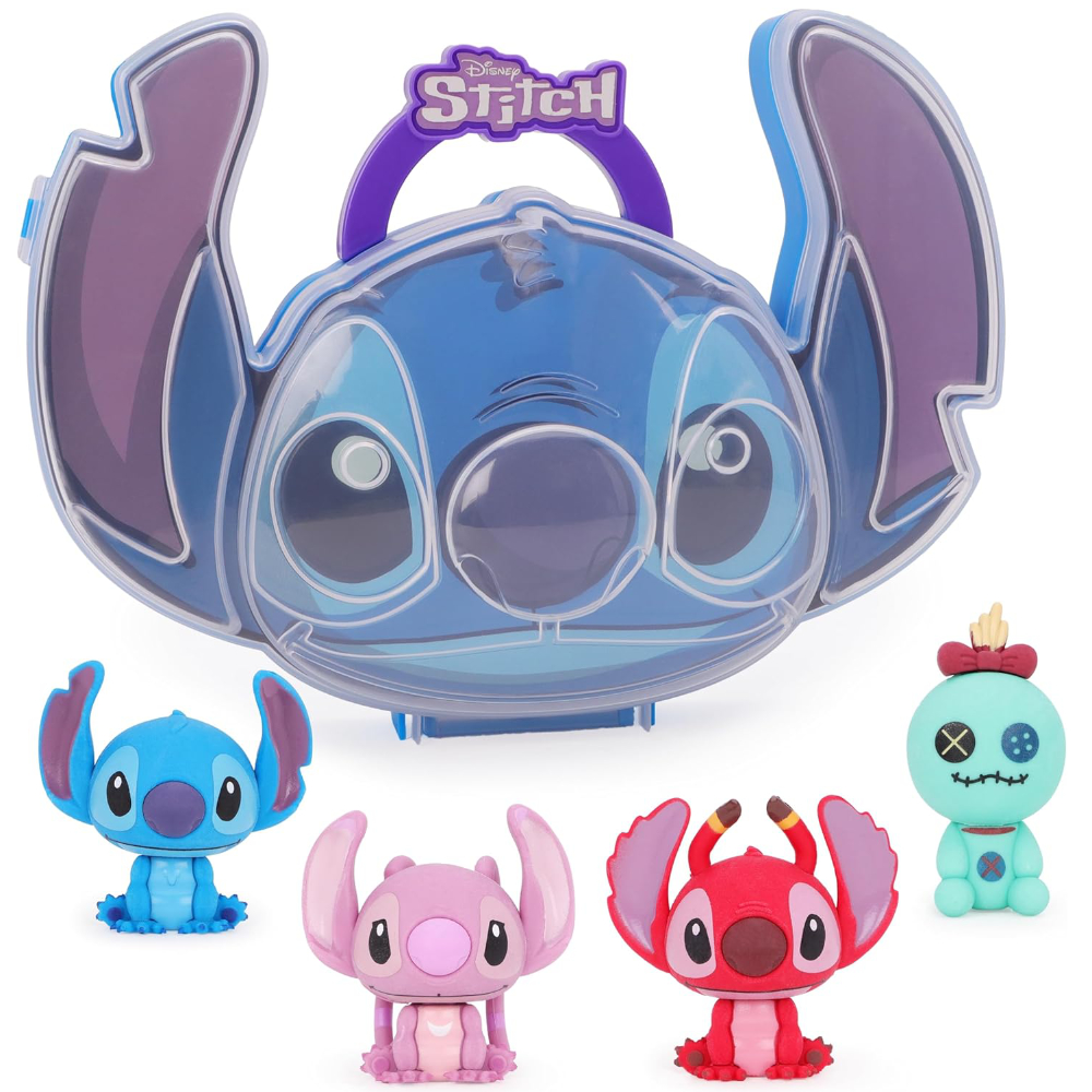 Toyland® Disney Stitch & Friends Character Shaped Carry Case & 4 Piece Collectable 3D Figures Eraser Set - Portable Stationery Supplies
