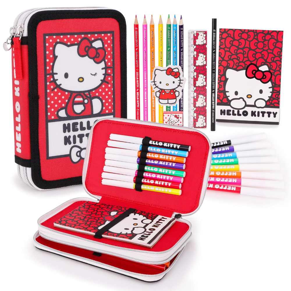 Toyland® Hello Kitty Two-Tier Zipped Filled Pencil Case - Includes: 1 Notebook, 7 Coloured Pencils, 8 Felt Tip Pens, Pencil, Ruler, Eraser, Sharpener - Kids School Stationery & Organiser