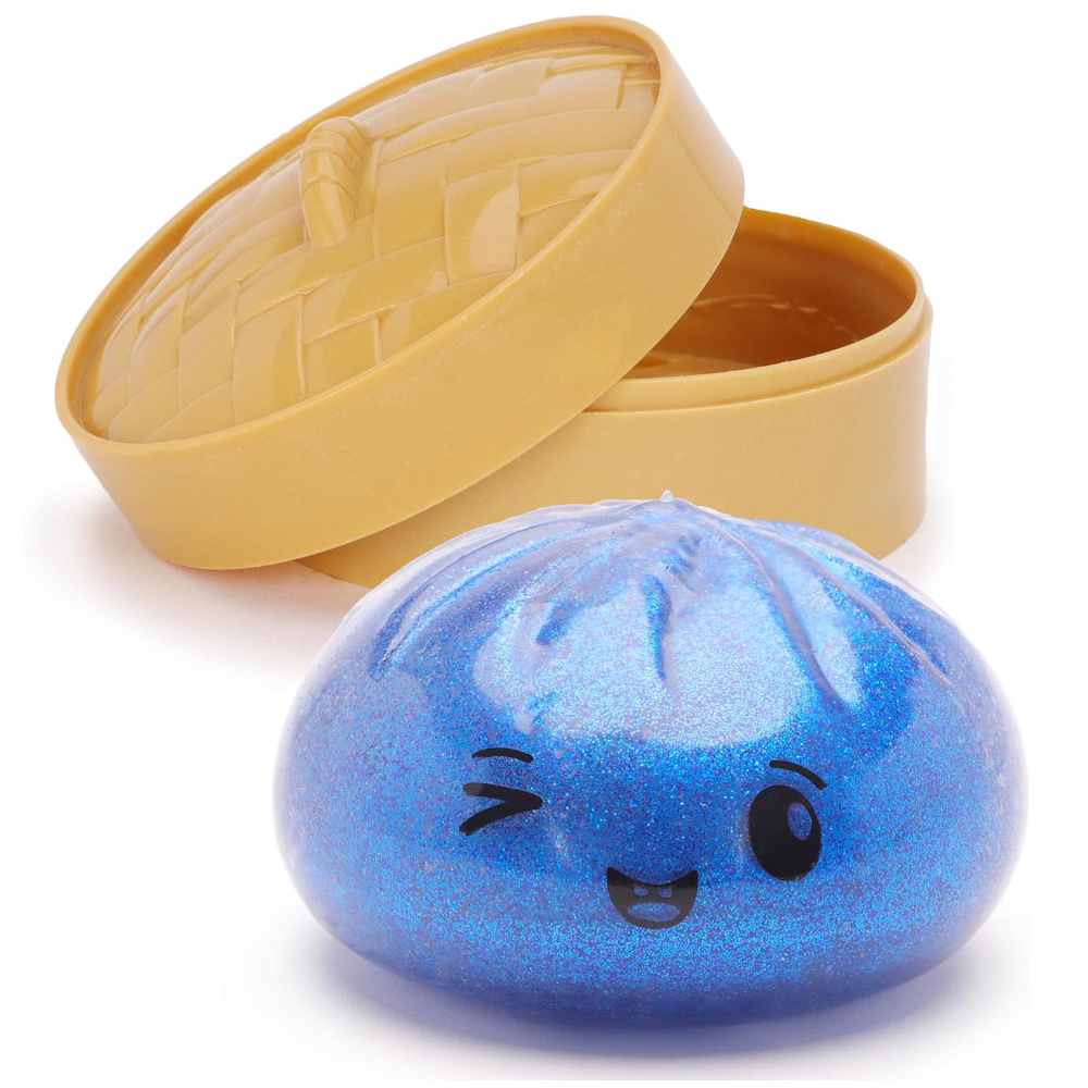 Toyland® Shiny Midnight Blue Squishy Bao Dumpling Sensory Fidget Toy with Plastic Steamer Box - Squeeze Toys for Kids - Ages 3+