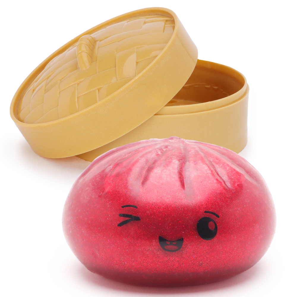 Toyland® Shiny Red Squishy Bao Dumpling Sensory Fidget Toy with Plastic Steamer Box - Squeeze Toys for Kids - Ages 3+